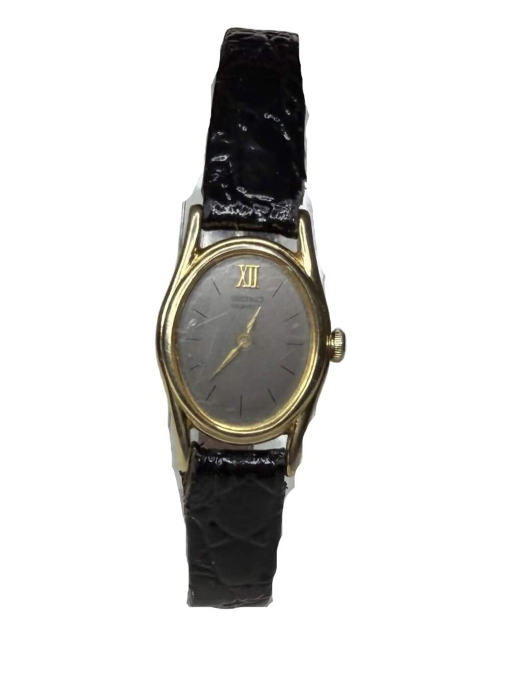 Vintage Seiko Quartz Watch Gold Tone Gray Dial Roman Numeral Ladies 2C20-5539